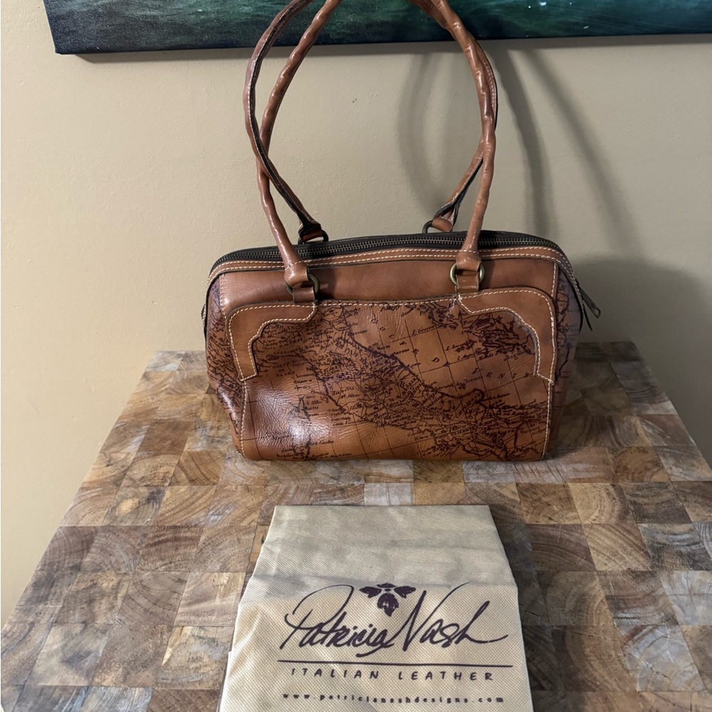 Patricia Nash Tan Leather Map Print Handbag
